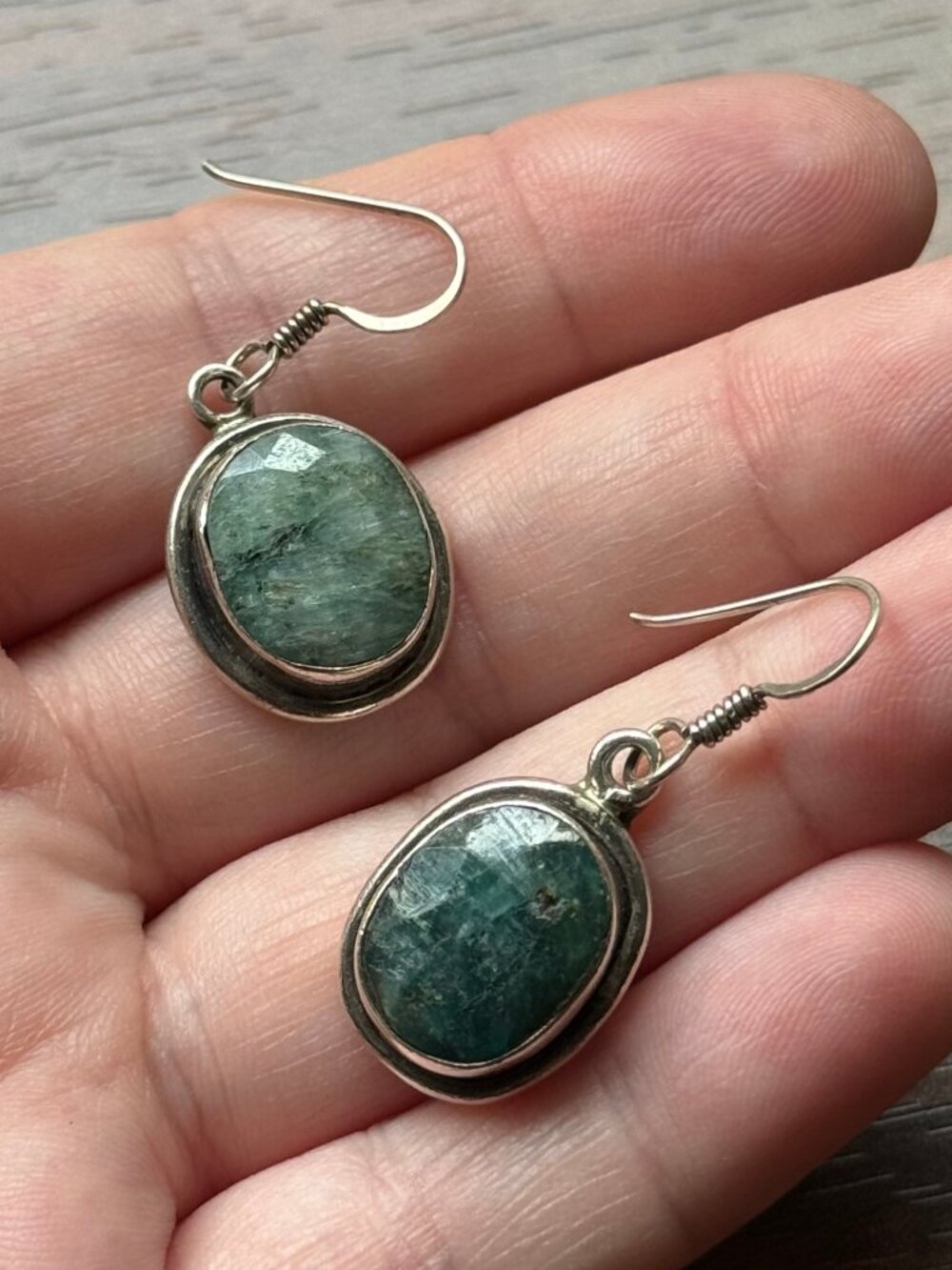 Natural Faceted Emerald and Sterling Silver Earrings Vintage